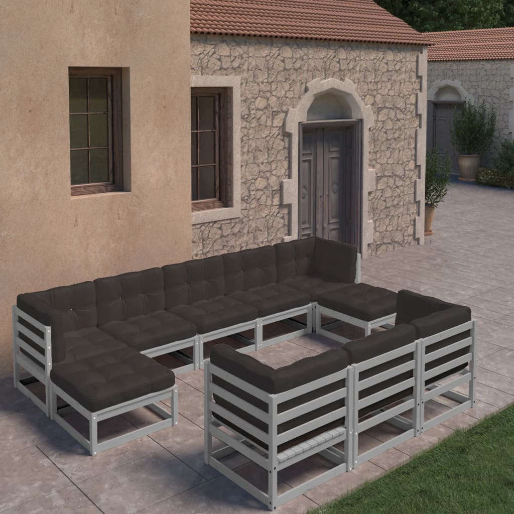 10-tlg. Garten-Lounge-Set mit Kissen Grau Kiefer Massivholz